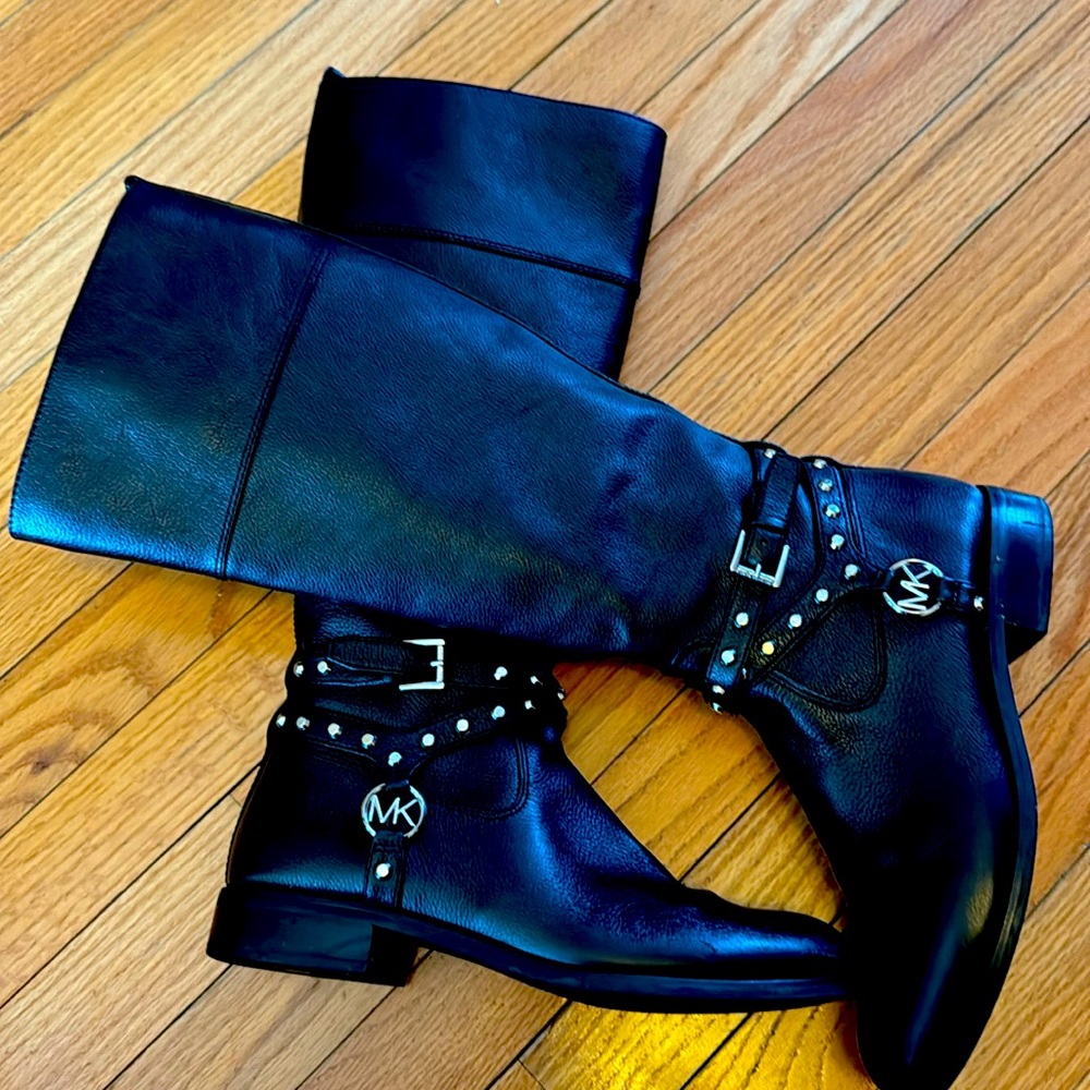 Michael Kors Black Leather knee high boot with silver MK logo